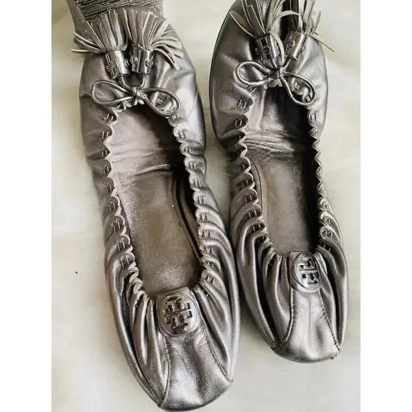 Tory Burch Metallic Silver Flats with Tassel Detail Size 9 - Picture 4 of 8